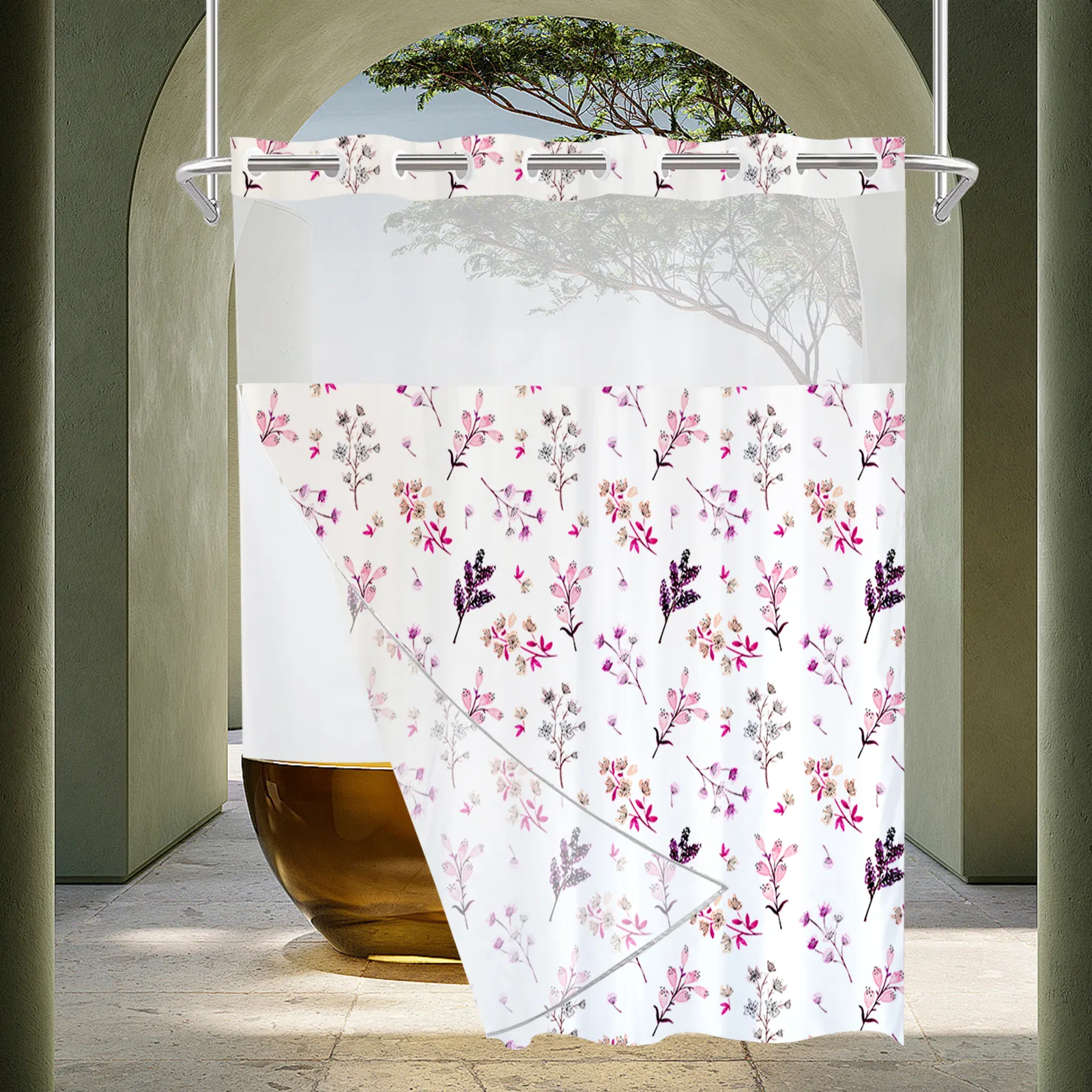 Custom Floral Hookless Shower Curtain Waterproof No Hook Double layer Shower Curtain