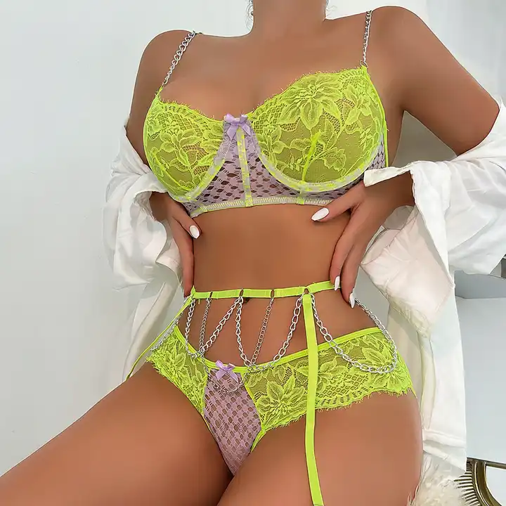 women sexy lingerie set sheer neon