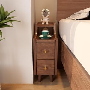 US Stock <strong>Narrow</strong> Walnut Nightstand <strong>with</strong> 2 <strong>Drawers</strong> Solid Wood Modern <strong>Bedside</strong> <strong>Table</strong> for Bedroom Furniture Study Toilet CTG041 - Product Image 1