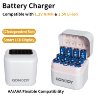 Chargeur de piles AA/AAA à 12 canaux avec entrée Type-C, écran LCD intégré, rechargeable Lithium/NiMH 1.2V/1.5V