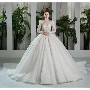 SL9197 Кружевное Свадебное бальное платье с длинными рукавами, жемчужными кристаллами, аппликацией, открытой спиной, свадебное платье для невесты, свадебные платья