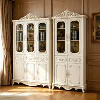 Bibliothèque de luxe européenne, vitrine en bois massif sculpté à la main, armoire de rangement avec portes en verre crème, mobilier de bureau à domicile, vente en gros