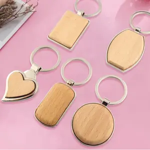 Porte-clés à disque en bois avec logo gravé par sublimation, rond vierge personnalisé, porte-clés rectangulaire en bois uni pour la gravure