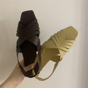 Sandalias Planas de Cuero Ecológico 100% con Punta Cuadrada Trenzada y Tiras Anchas para Mujer, Estilo Slingback, Zapatos de Exterior para Dama, Directo de Fábrica - Product Image 5