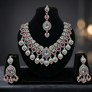 Indian Wedding Bridal Silver Plated CZ Choker Necklace <b>Set</b> Emerald Green White Cubic Zirconia Heavy Choker Earrings Mang Tika - Product Image 2