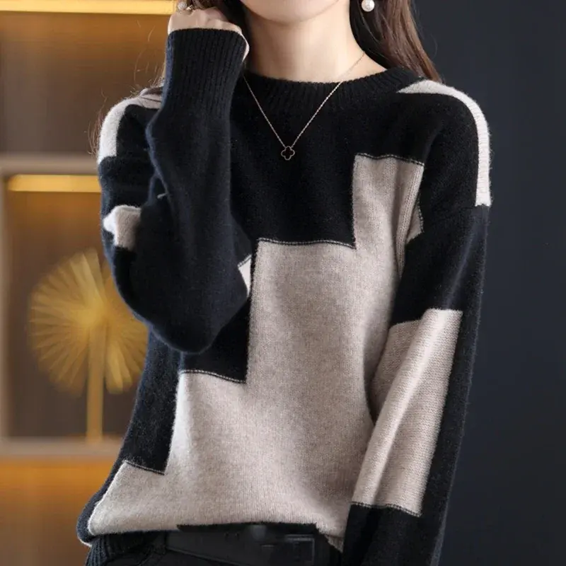 Women Patchwork Knit Thermal Pullovers O-Neck Long Sleeve Loose Cashmere Warm Sweater Spring Autumn Women Casual Sweater