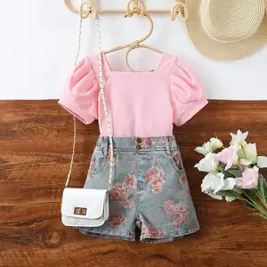 Комплект одежды для девочек 3 лет, однотонный укороченный топ с рукавами-фонариками и длинные штаны, комплект одежды из 2 предметов