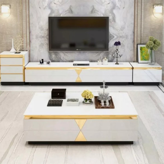 Foshan Furniture White and Gold Glass Top Modern Living Room TV Stand with Drawers Fits 65"+ TVs
