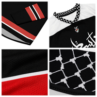 Maillot de hockey sur glace professionnel en maille épaisse noir, blanc et rouge avec logo personnalisé TF et slogan arabe – Vente en gros