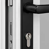 Porte d'entrée simple en PVC blanc avec panneau de verre double vitrage, serrure multipoints et poignée à levier en aluminium noir pour usage résidentiel