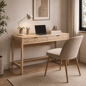 Bureau d'écriture moderne en bois grainé avec 2 tiroirs à lattes pour bureau à domicile - Product Image 3