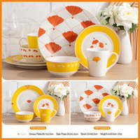 Ensemble de vaisselle en céramique 12 ou 16 pièces, collection complète assiettes, bols et tasses, motif feuille de Ginkgo, en porcelaine décorée, pour le petit-déjeuner et le dîner