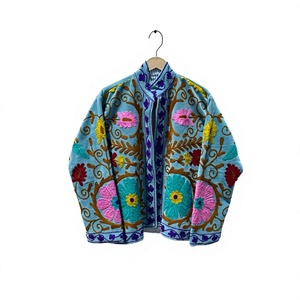 Veste en velours brodée Suzani pour femme, col mandarin, manches longues, motif floral, doublure en coton, manteau de printemps - Product Image 1
