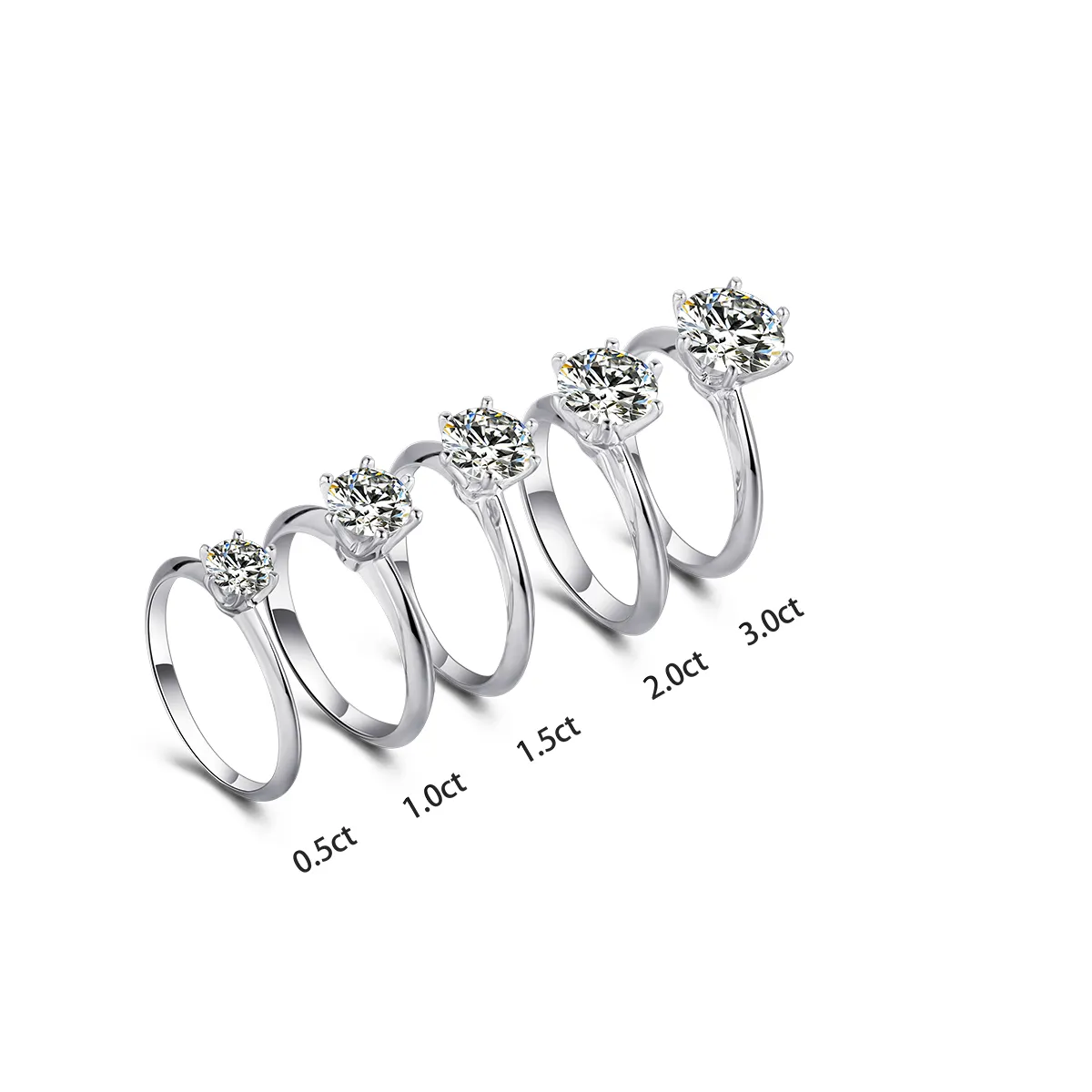 Classic Design Rhodium Plated 6 Claw Set 1ct 2ct 3ct Moissanite Ring Sterling Silver Engagement Ring