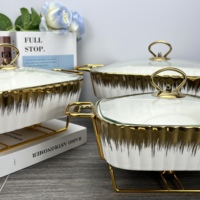 Plat Chafing Haut de Gamme Bord Doré, Ensemble Buffet de Luxe avec Chauffage, Casserole à Soupe en Céramique pour Traiteur, Chafing Dishes