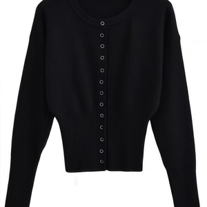 Nuovo Logo in lana 100% personalizzato stile classico abbigliamento femminile alla moda t-shirt con scollo sottile con bottoni <span class=keywords><strong>Cardigan</strong></span> da donna a coste - Product Image 3