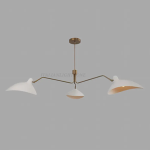 Lustre moderne en laiton fait main à 3 lumières, abat-jour blanc incurvé, luminaire de plafond Sputnik de style mid-century, semi-encastré - Product Image 2