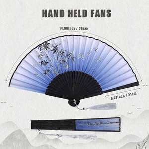 Lady's Folding Hand Fan Retro Chinese Bamboo <b>Silk</b> for Hot Flash Church Decoration EDM Music Festival Grey <b>Red</b> Buds - Product Image 3
