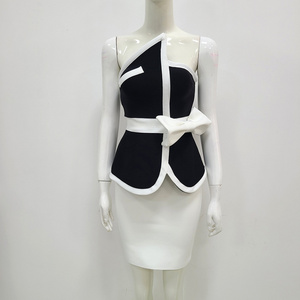 Novance B3118 Leveranciers Van Kleding Zomer <span class=keywords><strong>2</strong></span> Stuk Vrouwen Korte Set Wit En Zwart Off Shoulder Kantoor Vrouwen Sexx Bodycon Jurk - Product Image 3