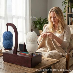 Support à fil en bois avec tiroir, porte-bobines rotatif à 360° pour le rangement des travaux à tricoter, type sur pied multifonctionnel - Product Image 3