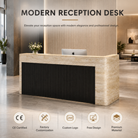 Comptoir de réception en marbre travertin avec panneau cannelé anthracite pour bureau moderne, hall d'hôtel, logo personnalisé