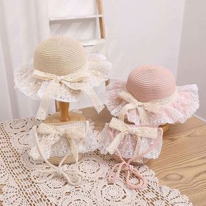 New Children's <b>Straw</b> <b>Hat</b> Girls Summer Large Brim Lace Edge <b>Straw</b> Ribbon Bow Sun <b>Hat</b> and Bag Set - Product Image 5