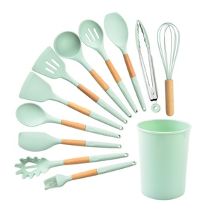 Wholesale Silicone Kitchenware Spatula Whisk Tongs Cooking <b>Tools</b> Kitchen Utensils Set With Wooden Handle - Product Image 1