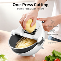 Multifunctionele handmatige groente- en fruitsnijder 7-in-1 Magic Kitchen rasp met afdruipmand en roestvrijstalen messen