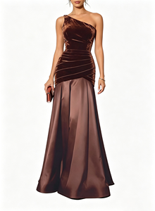 New Women One-Shoulder Floor-length Formal <b>Evening</b> GownElegant <b>Velvet</b> Patchwork Pleated High-low Party Maxi <b>Dresses</b> - Product Image 5