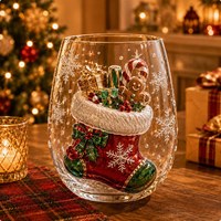 Handgefertigtes Weihnachtsmuster Eiförmiges Stiellos-Whiskyglas aus Hochwertigem Borosilikatglas für Zuhause, Bar und als Geschenk