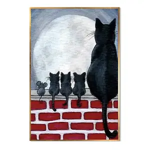 Chat mère avec trois enfants chats et rats regardent la lune sur la fenêtre animaux faits à la main peinture à l'huile sur toile