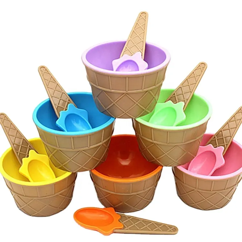 1 pcs wholesale Colorful Plastic Ice Cream Bowl Dessert Container with Spoon for KIds Ice Cream Tools