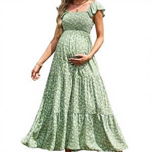 Floral Print Maternity Maxi <b>Dress</b> With Ruffles Cap Sleeve A-Line Loose Chiffon Summer Boho Style <b>Elastic</b> Waist Square Collar - Product Image 4