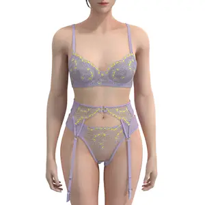 Customized Soft Lingerie Women Floral Lace Bra Set Bra+Garters+Thong 3 Piece Set