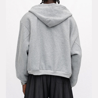 Sweat à capuche réversible personnalisé 400 GSM pour homme, gris, coupe carrée, court, style streetwear, avec fermeture éclair bidirectionnelle, doublure polaire à motifs