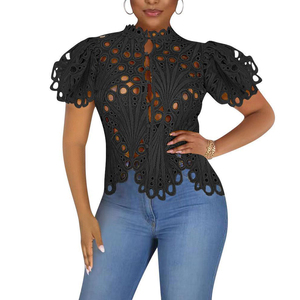 Nueva Blusa de Moda para Mujer, Sexy, con Transparencias, Estilo Club Nocturno, Manga Corta Abullonada, Irregular, con Encaje - Product Image 5