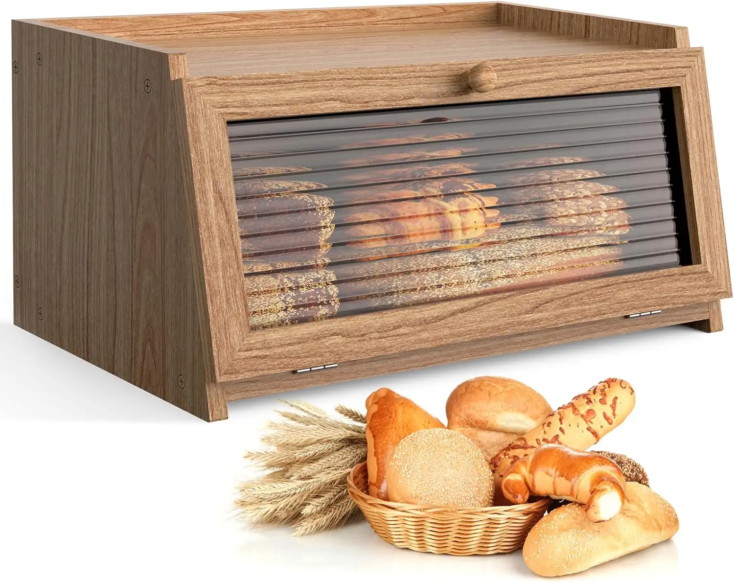 Combohome Caja de almacenamiento de alimentos Caja de pan de madera para encimera de cocina con soporte para pan de ventana