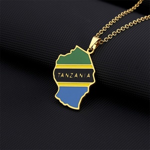 Collar con Mapa de Tanzania en Oferta, Collar con Mapa Nacional Africano, Collar con Bandera Personalizada en Esmalte, Collar con Colgante de Acero Inoxidable Dorado - Product Image 2