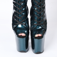 Bottes cuissardes à plateforme de 20 cm/8 pouces, à lacets, à bout ouvert, pour la danse, en cuir verni pailleté turquoise, en PU, pour l'hiver, l'automne et l'été