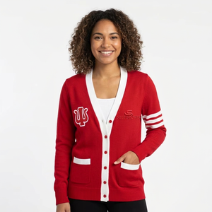 Cárdigan de punto rojo con cuello en V para mujer, mezcla de cachemira, doble botonadura, bolsillos bordados, manga larga, estilo vintage, de la Universidad Sororities - Product Image 1