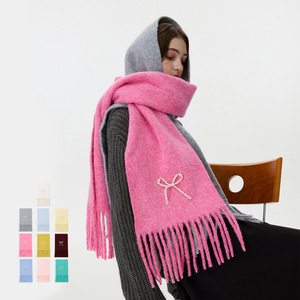 Solid Color Pearl Bowknot Knitted <b>Scarf</b> Thick Warm Unisex Autumn Winter <b>Pashmina</b> Shawls Wraps Factory Wholesale - Product Image 1