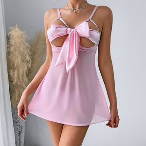 Sheer Mesh Babydoll <b>Sexy</b> Lingerie <b>Set</b> Big Satin Bow Cutout Mini Night Dress With Thong Women Sweet Sleepwear Intimates Wholesale - Product Image 5