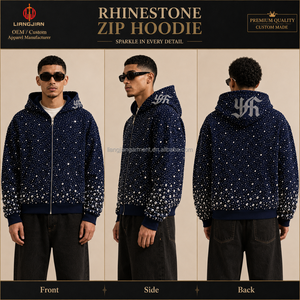 Sweat à capuche zippé surdimensionné pour homme, style streetwear, avec strass et cristaux sur toute la surface, coupe ample et épaisse, personnalisable, vente en gros - Product Image 3