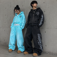 Ensemble de survêtement 100% coton lavé personnalisé sweats à capuche avec fermeture éclair pantalon de survêtement évasé imprimé de détresse lavage à l'acide survêtement respirant pour hommes