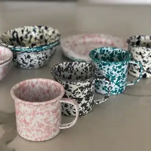 Großhandel südkorea nische benutzer definierte Farbe Logo gedruckt Splash Metall Stahl Emaille Splatter Emaille gesprenkelt Becher Tasse