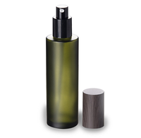 Ensemble d'emballages cosmétiques en verre vert foncé mat avec couvercle en bois, flacon pompe vide pour lotion, pot de crème pour le visage, personnalisable avec logo