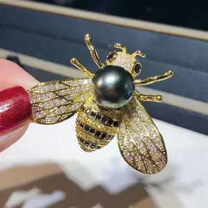 Natürliche Tahitian Schwarze Perle Brosche in Gold Überzogene Legierung Kleine Schöne Biene Zwei Tragen Weihnachten Geschenk Schmuck