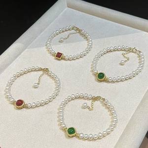 Natural Freshwater Pearl Elastic <b>Rope</b> <b>Bracelet</b> for Women New Chinese Style Light Luxury Versatile Cinnabar Jade Fashion Brooches - Product Image 2