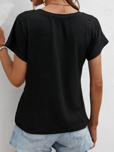 Mono de manga corta con cuello redondo para mujer, dobladillo anudado, camiseta informal de vacaciones con textura hueca, tops bonitos - Product Image 2