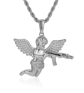 Hip Hop <b>Rapper</b> Punk Jewelry Vengeance Angel With Gun Diamond Gold Charm Pendant <b>Chain</b> Necklaces for Men - Product Image 5